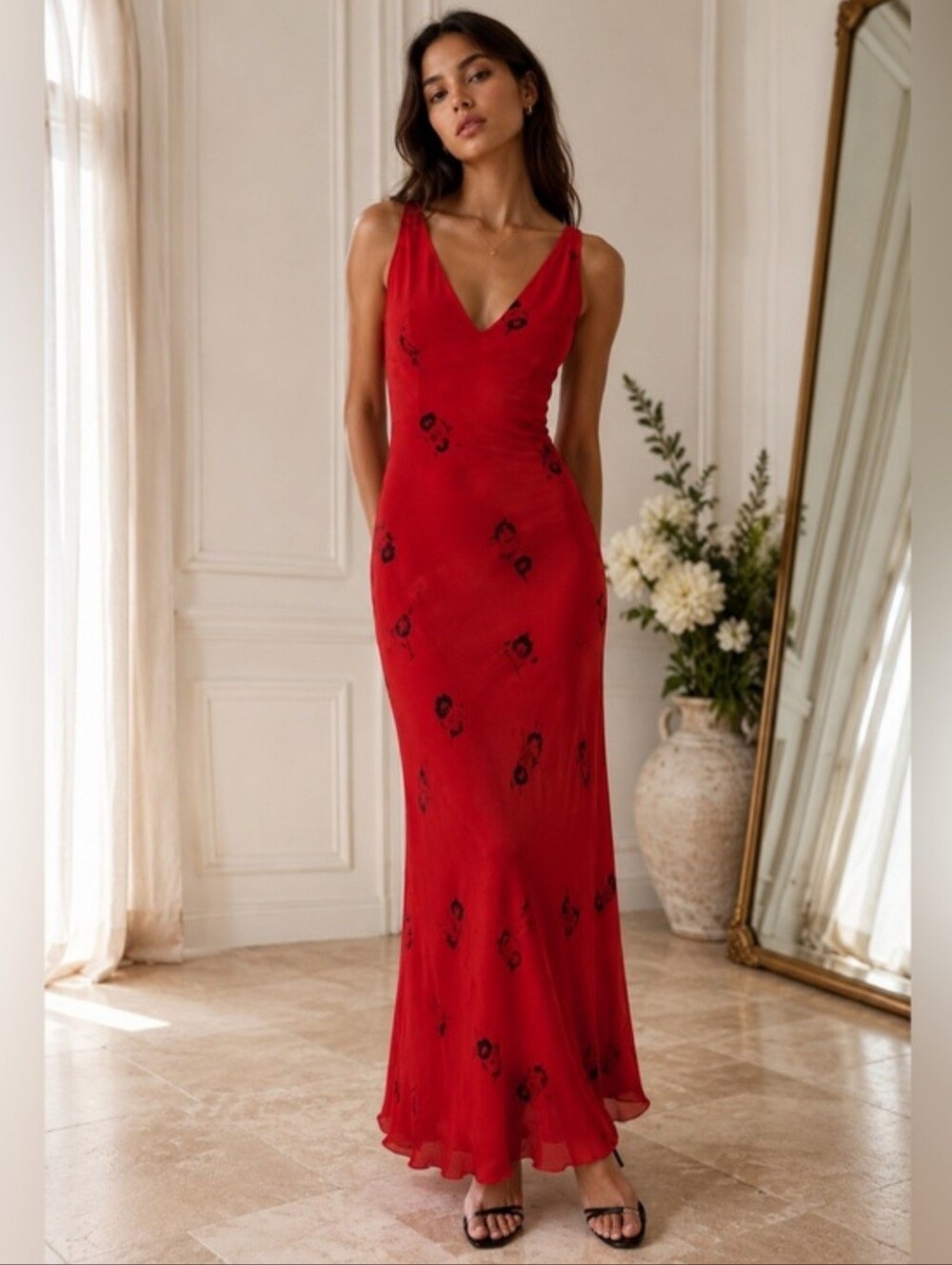 Réalisation Par The Eva Passion Red Silk Floral Maxi Dress XS Bias Cut